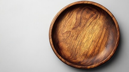 top view of an empty wood plate is shown isolated on white background, ready for use in various designs.image