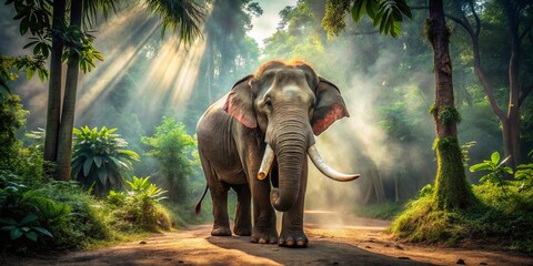 Canvas Print - A magnificent muddy elephant with striking tusks gracefully grazes in a vibrant Thai forest farm, surrounded by rich greenery and captivating natural wildlife scenery.