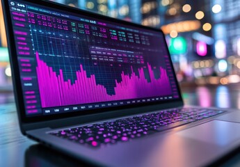 Aufkleber - Colorful Financial Data Displayed on a Laptop Screen at Night