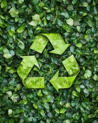 Poster - Symmetrical Leaf-Filled Recycling Symbols Aerial View Highlighting Geometric Nature Patterns