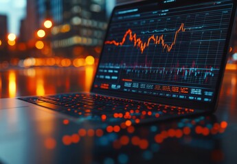 Aufkleber - Laptop Displaying Financial Market Data at Night