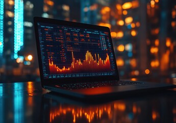 Aufkleber - Laptop Displaying Financial Data in Urban Office at Night