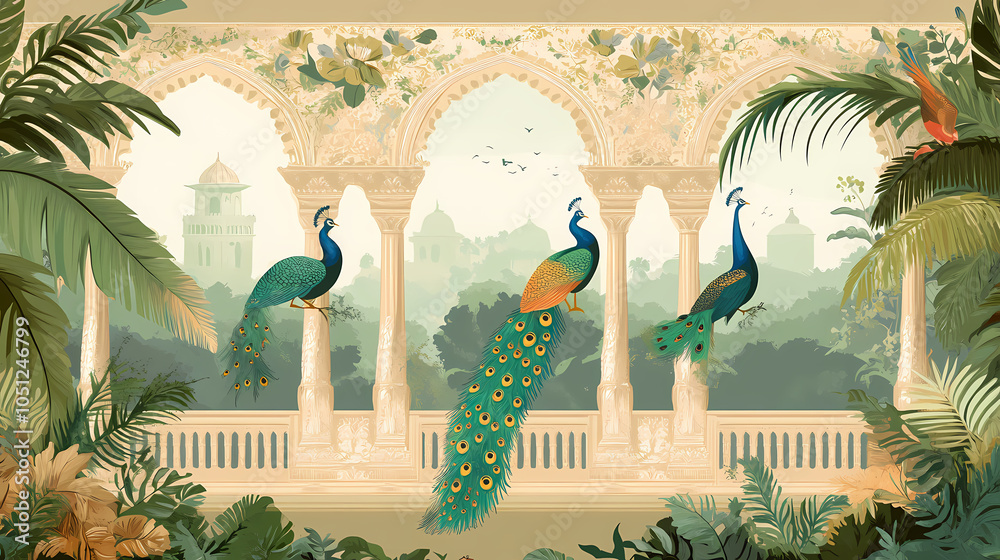 Mural Vector Design Wallpaper illustration of a mughal garden with peacocks arches and ...