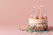 © Fox - Celebrate joyfully with a Colorful Celebration Cake featuring Candles and Sprinkles on a Pink Background. Perfect for birthdays and festive occasions, this charming dessert spreads happiness