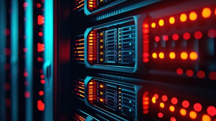 Poster - Close-up of server racks with glowing lights, showcasing data storage and network technology.