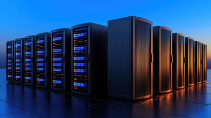Poster - Data center with illuminated server racks against a twilight sky.