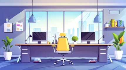 Poster - A cheerful anime-style office setting, filled with vibrant colors and dynamic elements, ideal for creating a bright and engaging work atmosphere in illustrations.