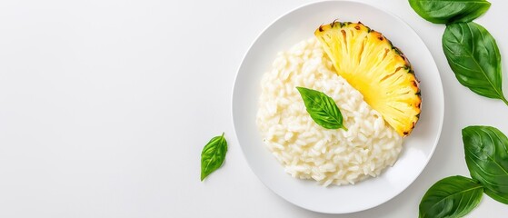 Delicious rice dish with pineapple and fresh basil leaves on a white plate.