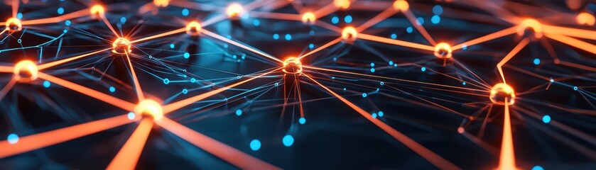 Poster - Digital network connection with nodes and glowing lines in blue and orange colors.