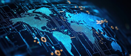 Poster - Digital world map with circuits, glowing blue lines and nodes, on a dark background.