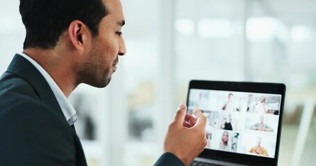 Aufkleber - Business man, laptop and video call with screen, talking and group with consultation in modern office. Person, computer and user experience with discussion, networking or webinar with team at company