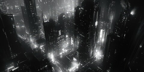 Poster - A dramatic black and white cityscape featuring towering skyscrapers and bustling streets.