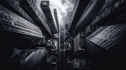 Poster - A dramatic black and white cityscape featuring towering skyscrapers and bustling streets.