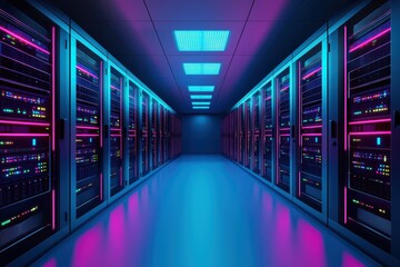 Poster - Futuristic data center corridor with colorful lighting and server racks.
