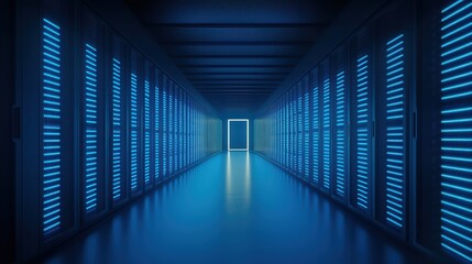 Poster - Futuristic data center hallway with glowing server racks and illuminated entrance.