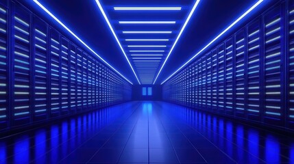 Poster - Futuristic data center with glowing blue lights and server racks in a sleek hallway.