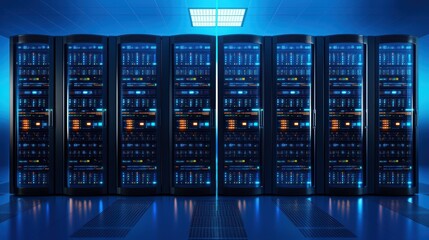 Poster - Futuristic data center with rows of illuminated server racks, showcasing advanced computing technology.