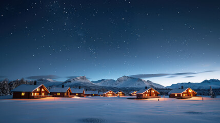 Wall Mural - Cozy wooden cabins glow warmly under starry night sky, surrounded by snow covered mountains. serene winter landscape creates peaceful and inviting atmosphere