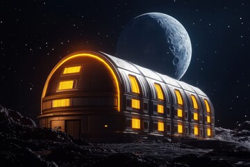 Futuristic lunar habitat with glowing accents, set against a starry moonlit sky.