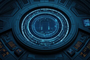 Poster - Futuristic interface with glowing blue elements and digital displays, set against a dark background.