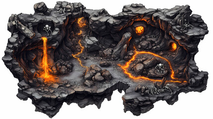 A halloween underworld map, dark caverns, skeletal armies, and lava rivers, high fantasy style, isolated on white background. Underworld Cavern. Illustration