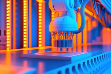 Poster - Futuristic robotic arm in a high-tech environment, vibrant lighting, precision engineering in action.