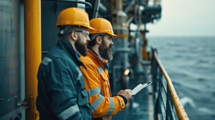 Sticker - Engineers in helmets and safety gear examine protocols on offshore platform, ensuring safety and efficiency in maritime environment