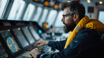 Sticker - focused engineer in control room analyzes data on multiple screens, wearing yellow life jacket. setting suggests maritime environment, emphasizing technology and safety