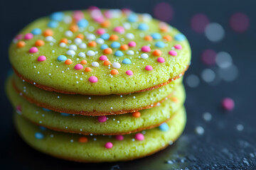 Colorful, festive cookies with a vibrant green hue and decorative sprinkles, stacked appealingly against a dark background.