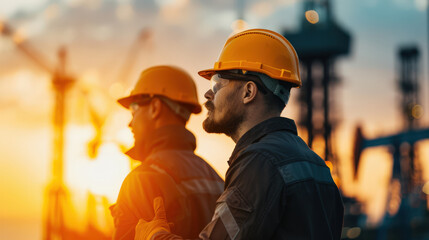 Poster - Engineers in hard hats oversee operations on offshore platform at sunset, highlighting teamwork and safety. warm glow of setting sun creates dramatic backdrop