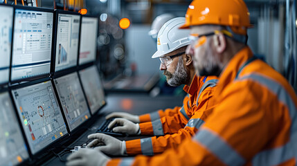 Poster - Engineers in safety gear focus on monitoring data on control panels in industrial setting, ensuring efficient operations