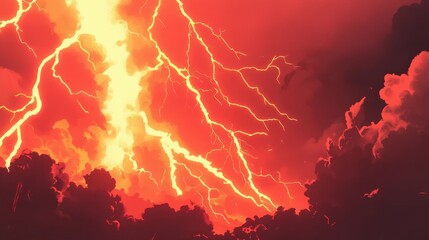 Fototapete - A dynamic comic-style background filled with striking red lightning flashes, creating an exciting ambiance perfect for illustrations and creative projects.