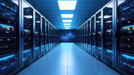 Poster - Modern data center with rows of servers and blue lighting, showcasing advanced technology and infrastructure.