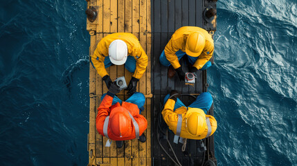 Wall Mural - Engineers performing routine checks on deck of offshore platform, wearing safety gear and helmets, surrounded by ocean. teamwork and focus are evident