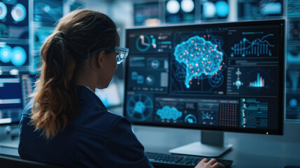 Aufkleber - woman in high tech lab analyzes data on computer screen displaying digital brain interface. environment is futuristic, with advanced technology and data visualization tools