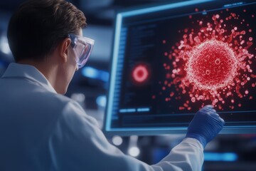 Poster - scientist analyzing a red virus model on a digital screen in a laboratory setting.