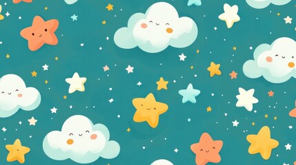 Poster - A lively comic art-style background featuring a dream green night sky adorned with cute stars and clouds, perfect for adding charm to artistic projects.
