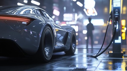 Poster - Sleek gray car refuels at station, nozzle sharp, man in the distance blurry.