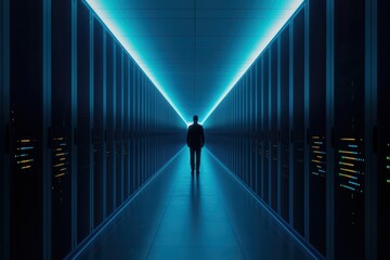 Poster - Silhouette of a person standing in a futuristic data center with glowing blue lights.