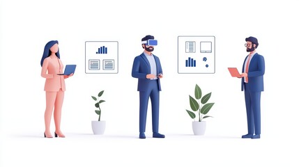 Poster - three business professionals engaging with technology in a modern office setting.