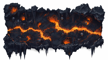 A halloween underworld map, dark caverns, skeletal armies, and lava rivers, high fantasy style, isolated on white background. Underworld Cavern. Illustration