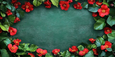 Wall Mural - Red flower wreath with green leaves