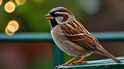 Wall Mural - Urban Sparrow's Solitude - Bokeh, Bird, Chair, Cityscape, Closeup