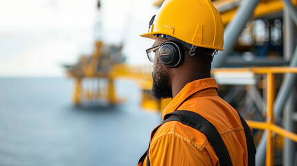 Sticker - worker in safety gear observes offshore drilling platform in distance, showcasing industrial operations at sea. scene highlights importance of safety and focus in such environments