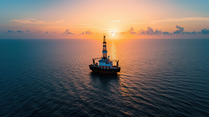 Wall Mural - solitary offshore drilling rig is silhouetted against vibrant sunset, creating serene and dramatic scene over calm ocean waters. sky is painted with warm hues