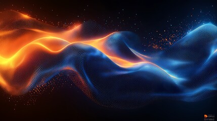 Abstract digital wave with glowing particles in blue and orange.