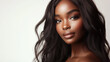 © Saulo Studio - Beautiful Black woman with long, flowing hair on a white background. Beauty advertising or fashion magazine cover. Stunning face and hairstyle.
