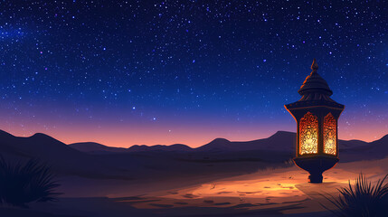 Wall Mural - arabic lantern glowing in desert under starry night sky at twilight ramadan background, arabic, lant