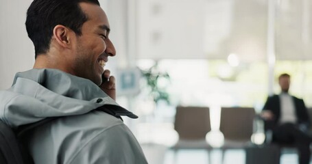 Poster - Phone call, airport and man with luggage in lobby for commute, travel and transport for global trip. Waiting room, online and person in hotel with bag on smartphone for internet, chat and talking