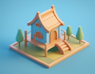 3D tiny wooden house with a blue exterior and a porch